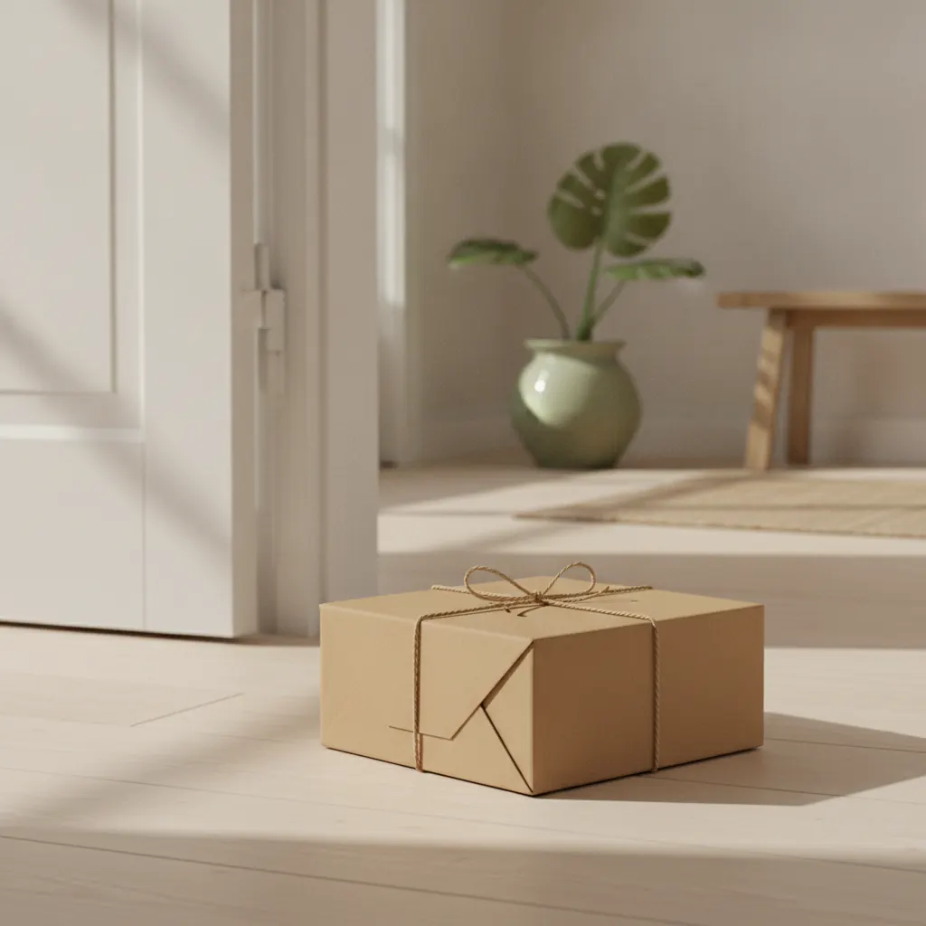 En välpackad brun paketlåda på en hall vid en ljus ytterdörr