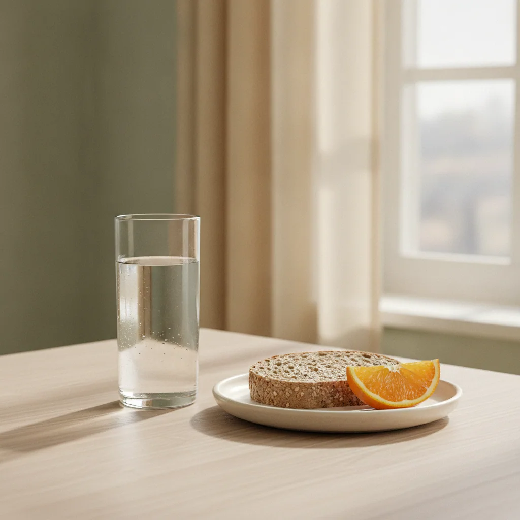 Ett glas vatten och en frukostbricka på ett ljust köksbord vid fönstret