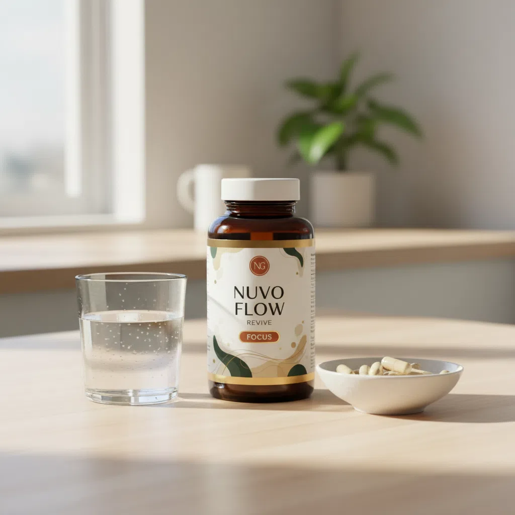 Nuvo Flow Revive förpackning på ett köksbord med ett glas vatten